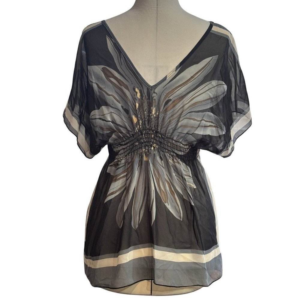 Semi-Sheer Floral Handkerchief Blouse Women's XS (0-2) Black Gray Boho Indie Hip